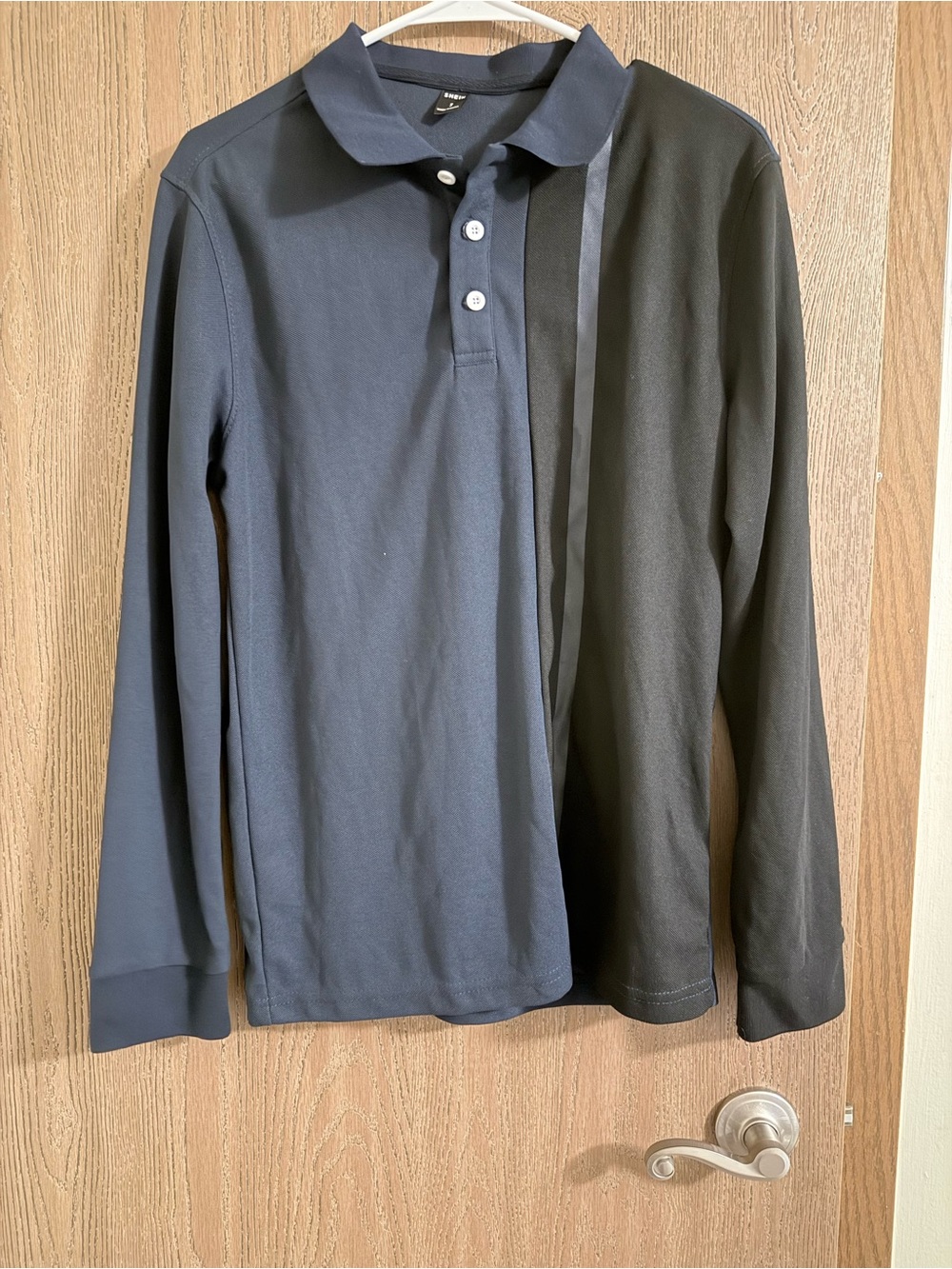 SHEIN Two-Tone Long-Sleeve Polo in Navy and Black